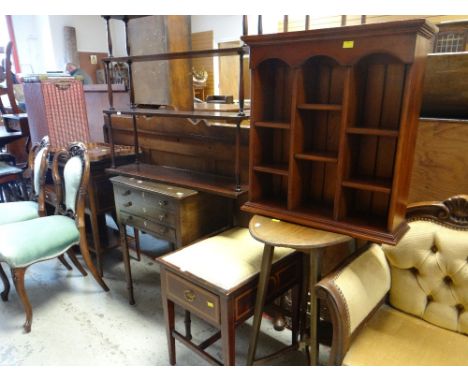 ASSORTED SMALL FURNITURE including hanging shelf, work table with single drawer and two dummy drawers, inlaid mahogany music 