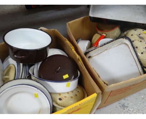 TWO BOXES OF VINTAGE KITCHEN ENAMEL WARE