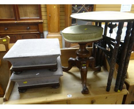 ASSORTED SMALL FURNITURE including pair of footstools, brass benares table, tripod stool