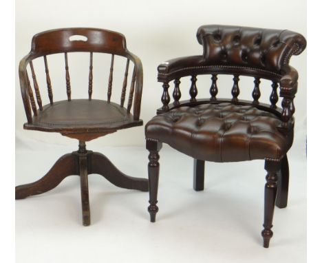 TWO OCCASIONAL CHAIRS comprising a button upholstered and turned-wood smoking chair, and an oak swivel desk chair