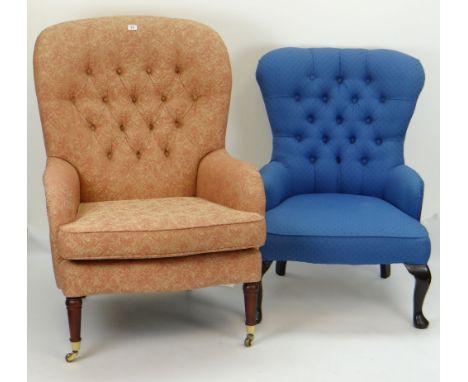 TWO BUTTON UPHOLSTERED OCCASIONAL CHAIRS including an armchair with turned legs and brass casters, the other upholstered in b