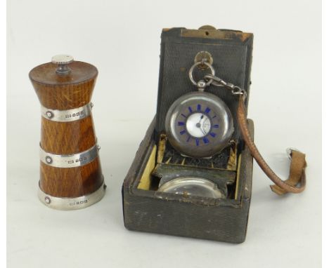 GEORGE V SILVER MOUNTED OAK PEPPER GRINDER, Birmingham 1926, 10cms high, together with a George V silver half hunter pocket w