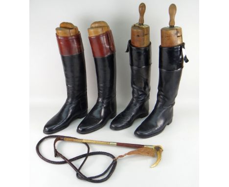 TWO PAIRS OF LEATHER HUNTING BOOTS, one pair by Moss Bros, the other Peal & Co. London both with wood boot trees, together wi