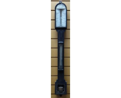 19TH CENTURY STICK BAROMETER with twin Vernier scales signed TJ Williams, Cardiff, distressed, 99cms high