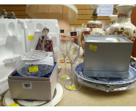 ASSORTED CERAMICS &amp; GLASS including pair of Dartington Crystal wine flutes, boxed Royal Worcester figure of Queen Elizabe