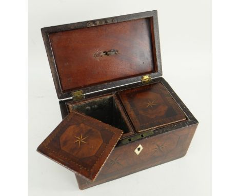 GEORGE III WALNUT PARQUETRY TEA CADDY OF RECTANGULAR FORM compartmentalised and the sides inlaid with six pointed stars, cheq