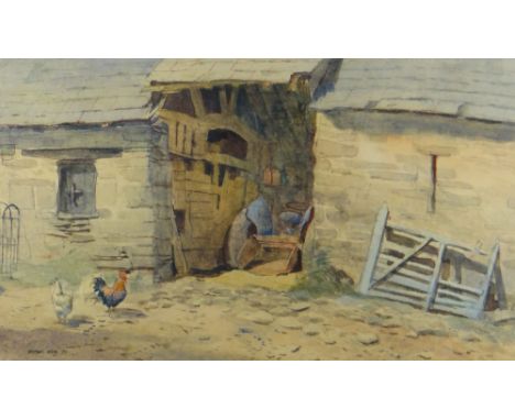 ARTHUR MILES watercolour - farmyard with old barn with tractor and two cockerels outside, signed and dated '78, 28 x 47cms