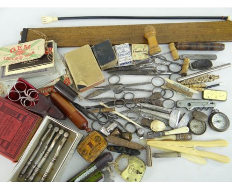 ASSORTED COLLECTABLES including sewing accessories, nut crackers, small tools, Loftus slide rule, vintage luggage labels ETC