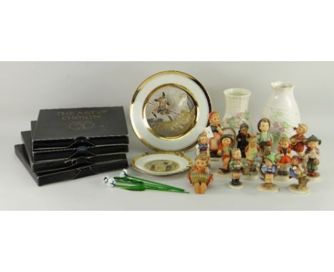 THIRTEEN HUMMEL FIGURINES, together with two Belleek porcelain flower vases, four glass flower stems and a group of collector