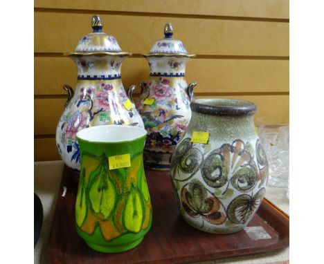 PAIR OF LIDDED LOSOL WARE POTTERY VASES, Poole vase, and another