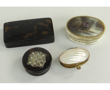 FOUR SMALL TRINKET BOXES comprising a Scottish horn box set with amethyst, Palais Royal  type shell shaped box, and two torto
