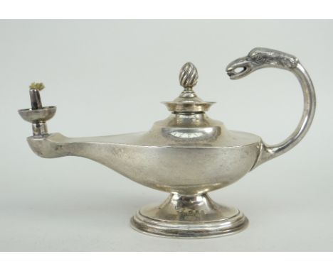 MAPPIN &amp; WEBB SILVER GENIE LAMP BURNER having bird design handle raised on oval pedestal base