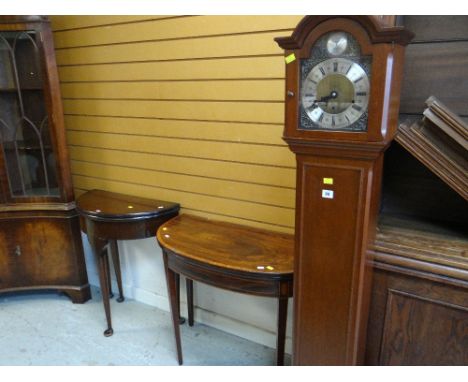 TWO ANTIQUE DEMI-LUNE TABLES &amp; A REPRODUCTION GRANDMOTHER CLOCK