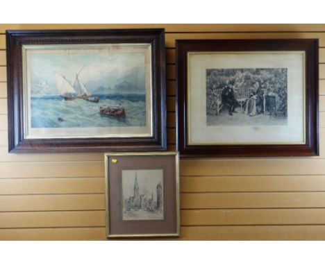 THREE PRINTS including an engraving after W Dendy Sadler - elderly couple on a bench, signed in pencil, 54 x 70cms, a Pears p