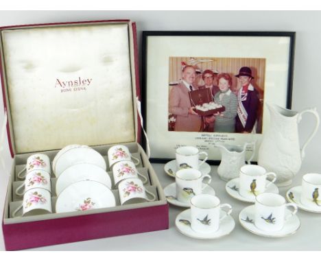 BOXED AYNSLEY SIX-PIECE COFFEE SET decorated with roses, 1928, together with a set of six Royal Worcester duck and pheasant d