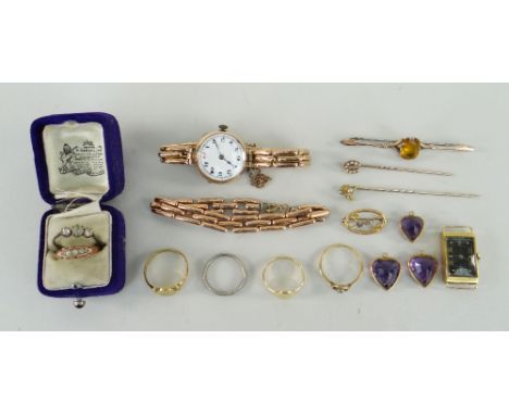 ASSORTED GOLD JEWELLERY &amp; WATCHES including Art Deco 18ct gold watch head by Lip, a 9ct gold watch on expanding bracelet,