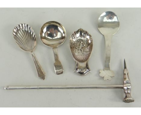 FOUR VARIOUS SILVER CADDY SPOONS including a late George III spoon dated 1816, and a plated workman's mallet, weighable silve