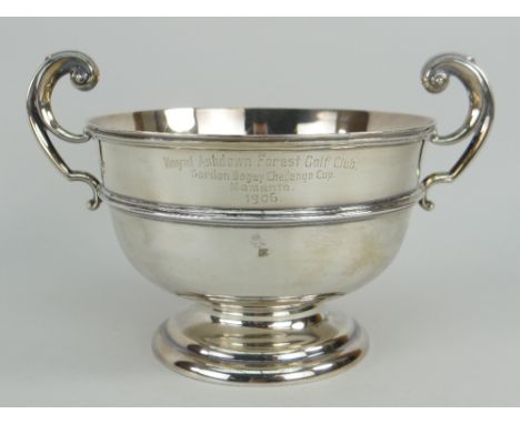 EDWARD VII SILVER PEDESTAL TROPHY CUP having twin whip lash handles, engraved 'Royal Ashdown Forest Golf Club Gordon Bogey Ch