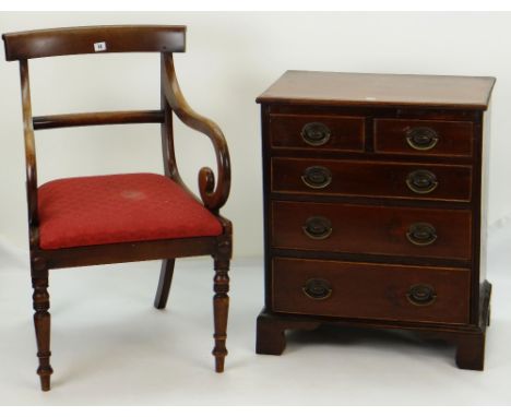 MAHOGANY ARM CHAIR &amp; SMALL CHEST the chair with bow tablet back and down scrolled arms, padded seat and turned legs, smal