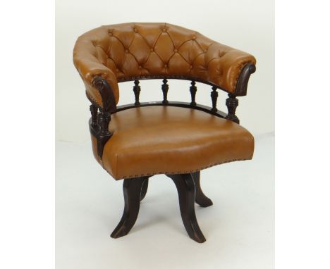 VINTAGE BUTTONED LEATHER HOOP-BACK OFFICE SWIVEL CHAIR