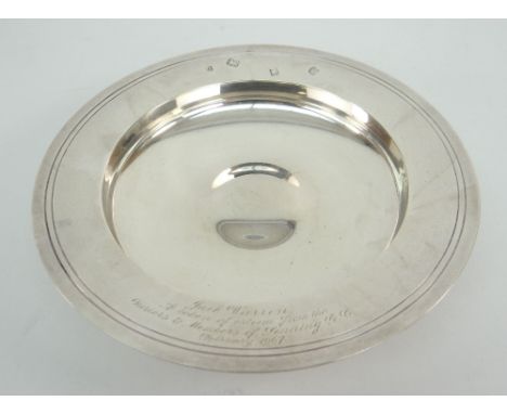 ELIZABETH II SILVER SHALLOW DISH OR BOWL engraved 'Jack Warren A Token of Esteem From The Members of Sonning G.C. February 19