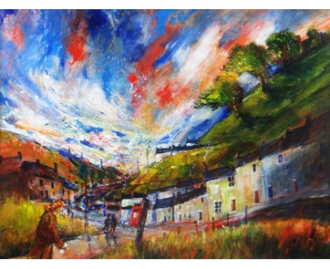 K FOSTER acrylic - South Wales valley scene with figures, signed, 26 x 34cms