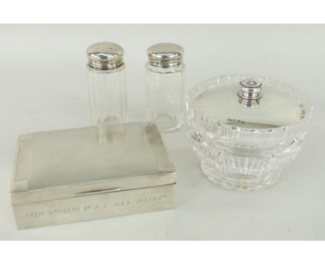 SILVER CIGARETTE BOX, engine turned case, together with silver topped cut glass bowl and silver topped cut glass bottles