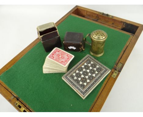 LATE VICTORIAN / EDWARDIAN WRITING BOX with playing card box and twos sets of playing cards, a Regency / early Victorian anti