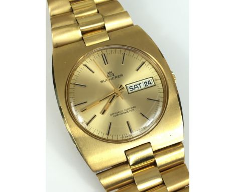 A GENTLEMANS 18K GOLD BUCHERER CHRONOMETER AUTOMATIC WRIST WATCH 
 •Gold coloured dial with gold coloured numerical batons 
 