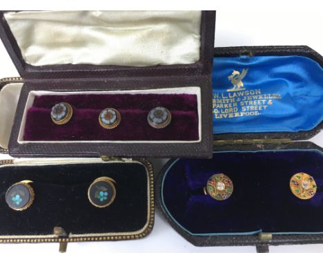 THREE CASED SETS ANTIQUE GOLD COLLAR STUDS
Three cased sets of antique collar studs including yellow metal, enamel and Diamon