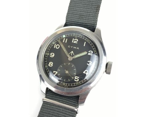 A GENTLEMANS MILITARY ISSUED STAINLESS STEEL CYMA MANUAL WINDING WRIST WATCH
 •Matte black dial with white Arabic numerals, c