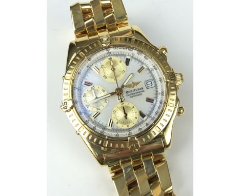 A GENTLEMANS RARE 18K GOLD BREITLING CHRONOMAT AUTOMATIC CHRONOMETER WRIST WATCH:
•	Mother of pearl dial, gold numerical bato