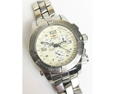 A GENTLEMANS BREITLING BRUSHED & POLISHED EMERGENCY MISSION CHRONO WRIST WATCH:
•	Cream dial, part silvered Arabic numerals w