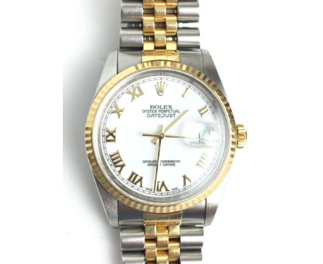 A GENTLEMANS BI-METAL ROLEX OYSTER PERPETUAL DATEJUST AUTOMATIC WRIST WATCH 
 •White dial with gold Roman numeral markers 
 •