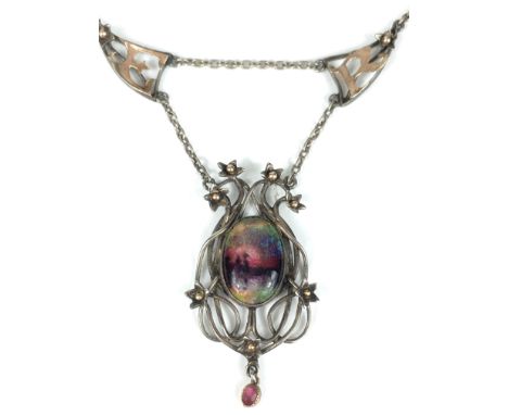 NEWLYN STYLE ARTS AND CRAFTS NECKLACE.
A silver and gold Arts and Crafts necklace with an enamel panel in the style of Newlyn