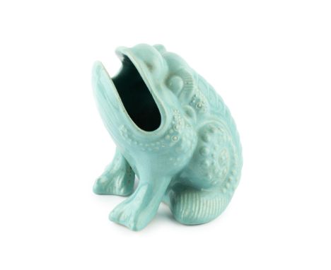 Burmantofts FaienceSpoon warmerturquoise glazeimpressed marks13cm high.  Crazing throughout.  Hairline crack to a foot.  Crac