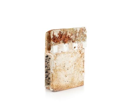 Robin Welch (1936-2019)Slab vesselstoneware, with a cream textured glaze to front, a black glaze to the reverseimpressed pott