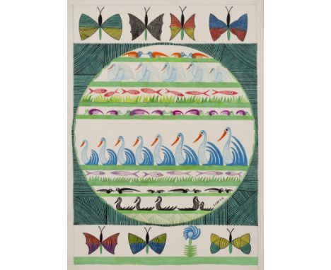 Scottie Wilson (1888-1972)Untitled pairdepicting birds and fish within a green borderboth signed (lower right)mixed media on 