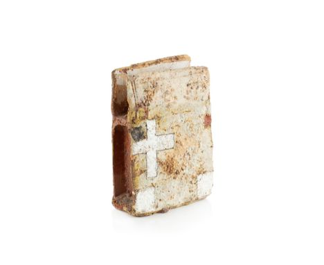 Robin Welch (1936-2019)Slab vesselstoneware, decorated with a white cross within a cream and textured glazeimpressed potter's