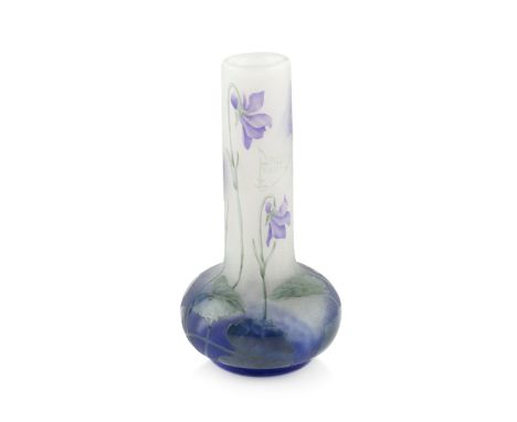 Daum NancyMiniature vase, circa 1910inlaid cameo glass, decorated with violet flowerssigned12cm high.  Appears free from dama