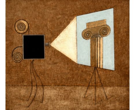 Andrew Lanyon (b.1947)The Excited Projector, 1988signed, titled, and dated (to reverse)oil on board15 x 16cm.