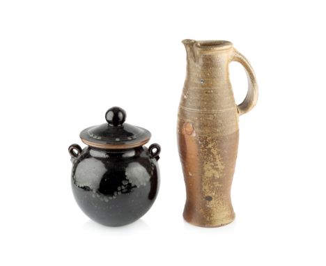 Nic Collins (b.1958)Large pitcherstoneware, wood-firedsigned45cm high; and a pot and cover by David Lloyd Jones (2).