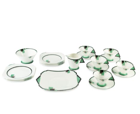 Eric Slater (1902-1984) for ShelleyArt Deco tea service, circa 1930Green Block pattern with Vogue shapeprinted factory marks 