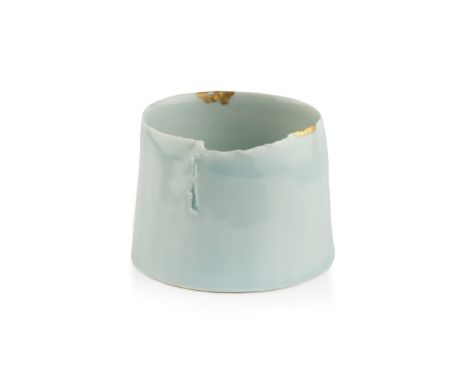 Chun Liao (b.1969)Cylinderporcelain, with a pale celadon glazesigned10cm high, 11cm diameter.  Two kintsugi gold patch repair