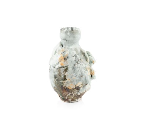 Akiko Hirai (b.1970)Sake bottlestoneware, with encrusted detail and light green glazesigned15cm high.  encrusted glaze so lot