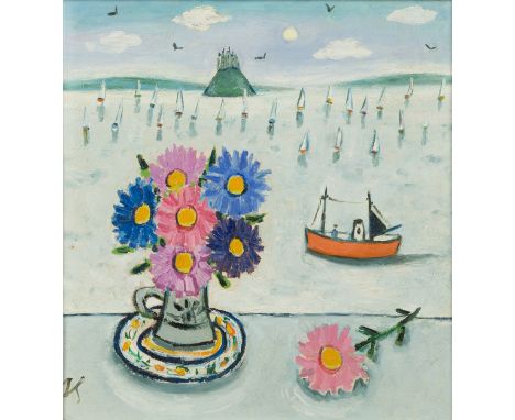Joan Gillchrest (1918-2008)Flowers on a Shelf with St Michael's Mount in the Backgroundsigned with initials (lower left)oil o