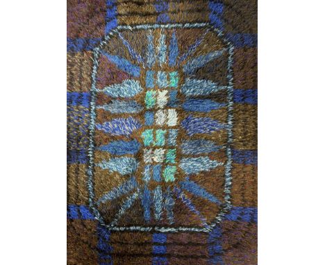Rya, ScandinaviaRug, circa 1950sin blue, green, and purple151 x 109cm.  Good - a little dusty/light dirt 