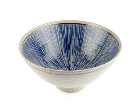 David Lloyd-Jones (1928-1994)Large footed bowlstoneware, with oatmeal glaze and blue lined pattern to the interiorimpressed p
