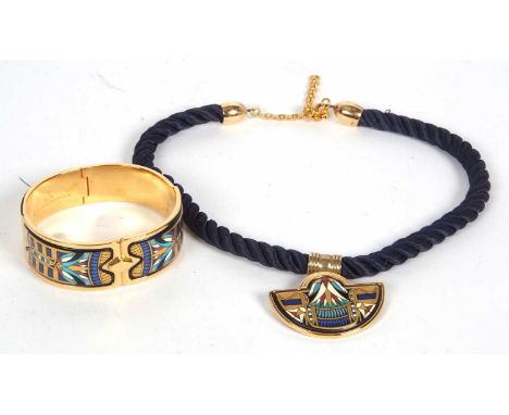 Michaela Frey: an Eygptian style hinged bangle, 23mm wide, boxed with certificates, and a matching necklace with detachable b