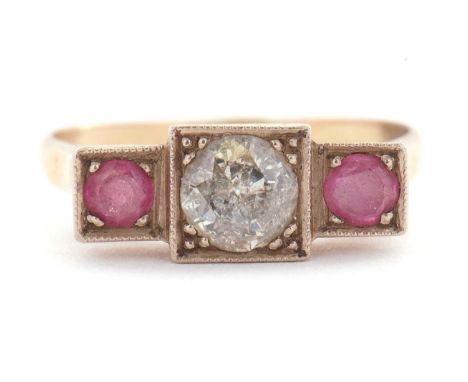 A ruby and diamond ring, the central round brilliant cut diamond, estimated approx. 0.96cts, set with a round ruby to either 